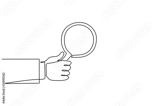 One continuous line of hand holding magnifying glass. Magnifier to detect something very small. Zoom in theme line art drawing vector illustration minimalist design isolated on white background.