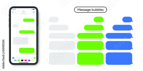 Modern smartphone with messenger chat screen. Template messages bubbles for compose dialogues. Social network, chatting and messaging concept.