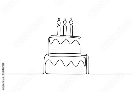 Continuous line drawing of Birthday cake with candle. A cake with cream and candles is drawn with a single line on a white background .Birthday party concept. Symbol of celebration