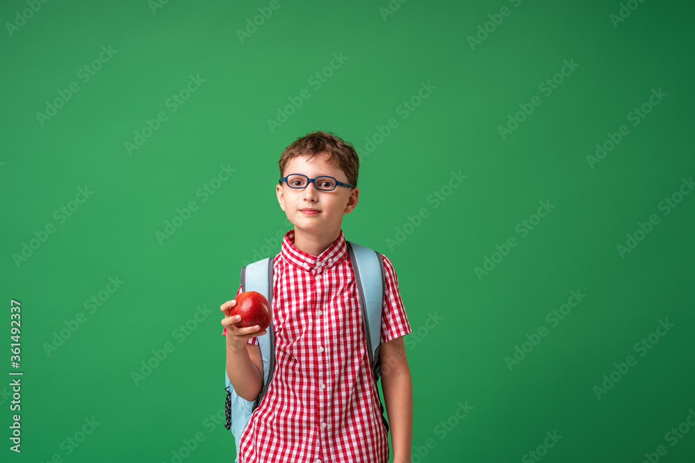 smart, serious schoolboy holds an Apple in his hand, standing against smart, serious schoolboy holds an Apple in his hand, standing against
