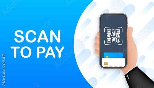 Scan to pay. Smartphone to scan QR code on paper for detail, technology and business concept. Vector illustration.