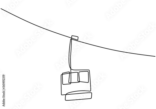 One continuous line drawing of cable car. Transportation to the mountain. Cable car or ropeway for on the way go to the ice mountain minimal hand draw isolated on white background