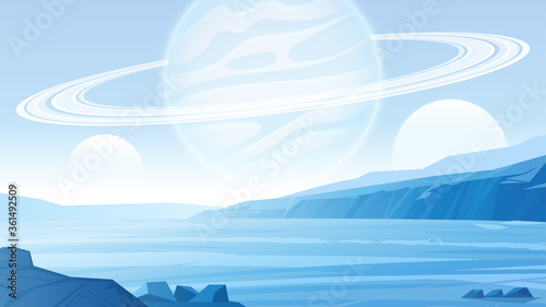 Alien landscape vector background. Global ice age on the planet.