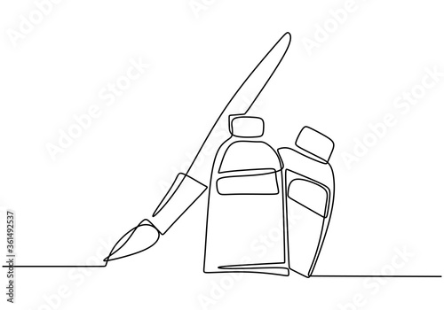 Brush and paint of the tube one line drawing vector illustration isolated on white background. Concept of tool for artist or painter minimalist style. Vector illustration simplicity hand drawn