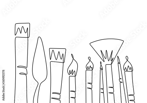 Art equipment of paint brush one continuous line drawing. Types of brushes to paint single hand drawn art line doodle outline isolated minimal illustration cartoon character flat