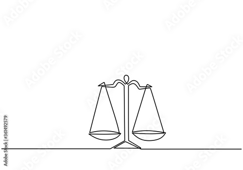 Weight balance symbol isolated on white background. Scales of justice drawn from the hand a picture of the silhouette. Libra or law identity one line drawing style vector illustration