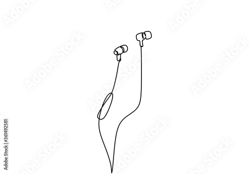 One line drawing of headphone speaker device gadget continuous lineart design isolated on white background. Earphones music and technology symbols. Music element for listening songs and playlist.