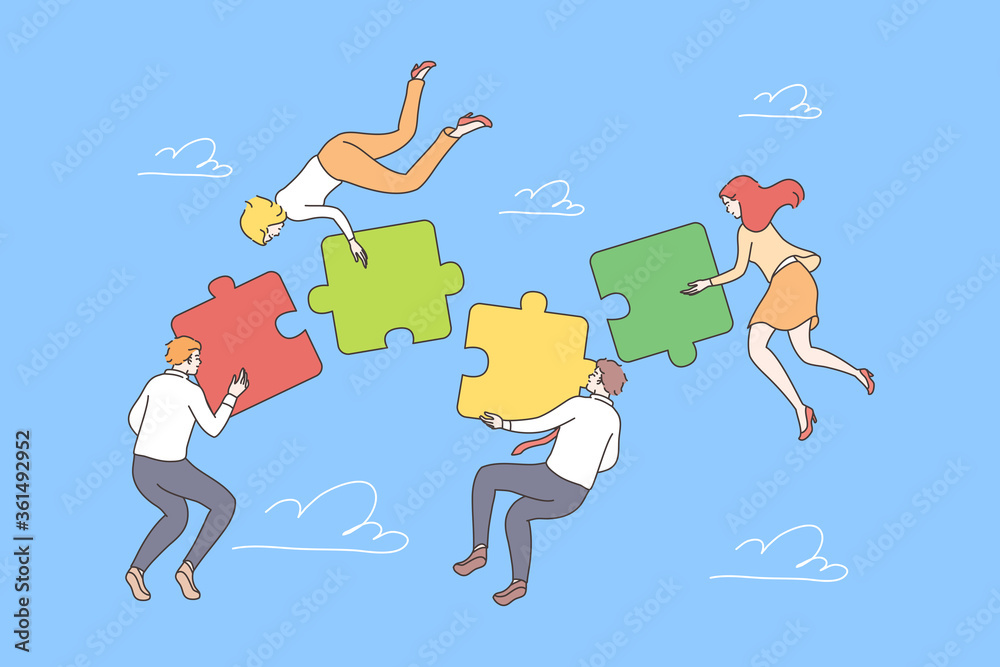 Fototapeta premium Business, teamwork, collaboration, coworking, partnership concept. Young group of businessmen women managers cartoon characters cooperate together assembling jugsaw puzzles Team building illustration.