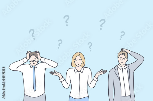 Business, problem, thinking, brainstorming set concept. Group team of confused thoughtful pensive businessmen wman asking questions and searching answers and trouble solutions Collective brainstorming