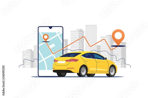 Yellow car, smartphone with route and points location on a city map on the urban landscape background. Car and satellite navigation systems concept vector illustration.