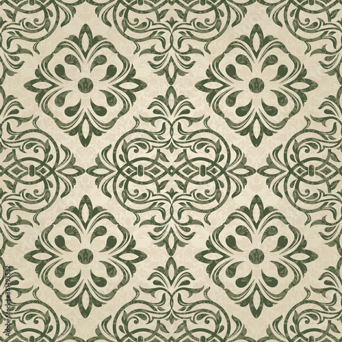 Seamless Damask pattern. Majolica pottery tile azulejo, original traditional Portuguese and Spain decor. Seamless pattern with Victorian motives. Vector illustration.