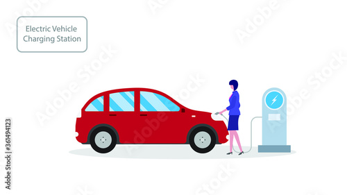 People are standing and electric cars are charging at the station. Clean electric vehicles, environmentally friendly energy. Isolated on white background. Flat vector illustration.