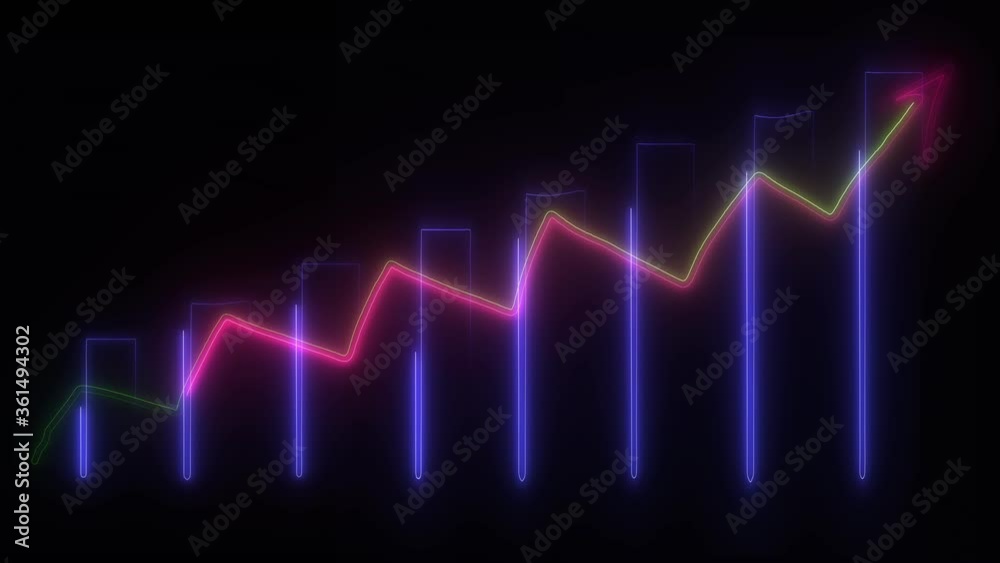 Neon pink and purple, blinking and glowing light animation, outlines of growing chart up, on a black background Neon pink and purple, blinking and glowing light animation, outlines of growing chart up, on a black background