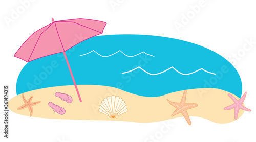 vector illustration - sea and sand with umbrella and sea stars