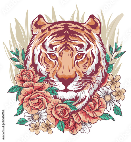 Awesome tiger face illustration surrounded by beautiful flowers