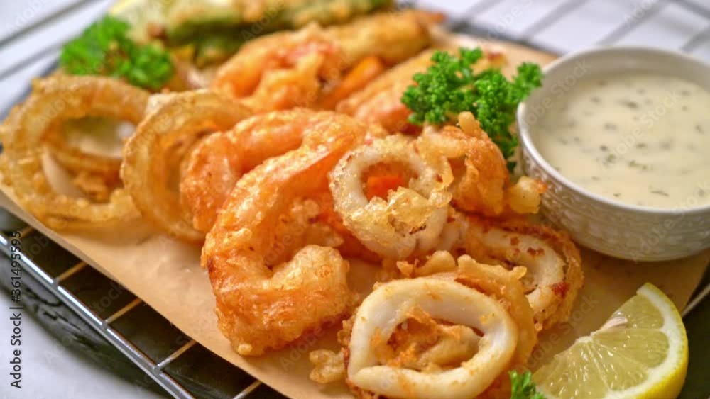 deep fried seafood (shrimps and squid) with mix vegetable deep fried seafood (shrimps and squid) with mix vegetable