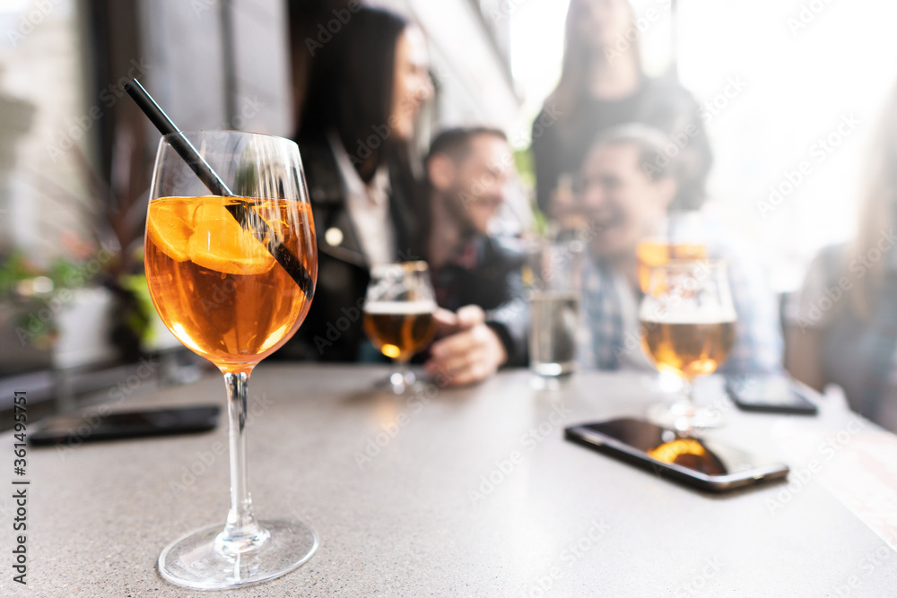 Aperol Spritz cocktail on a table in a city bar Aperol Spritz cocktail on a table in a city bar