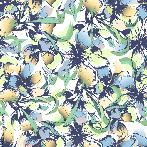 Seamless light pattern with gentle watercolor flowers. Elegant handmade pattern. Vector illustration for fabric, tiles, decoupage.