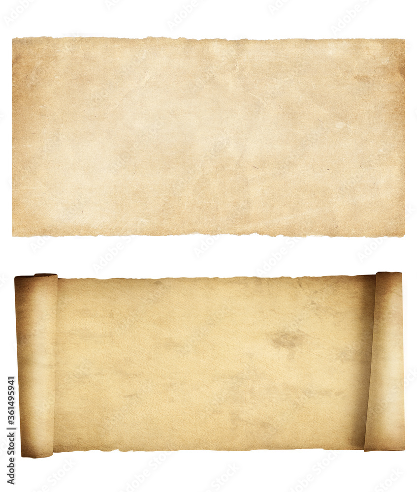 Set of scroll and parchment isolated on white. Vintage paper texture 3d illustration.