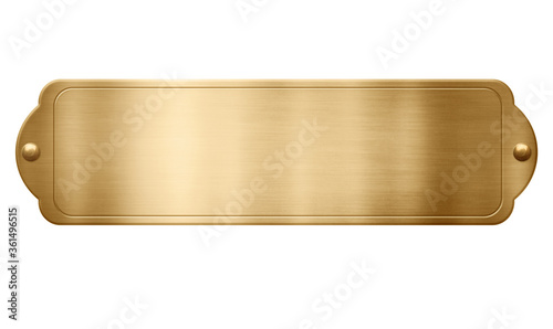Gold metal plate with place for text isolated on white background. 3D illustration photo