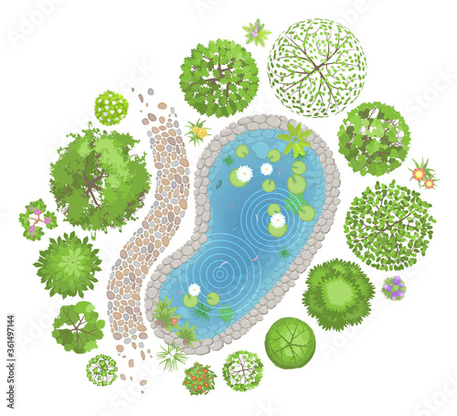 Vector illustration. Landscape design. Top view. Pond, path, trees and flowers. View from above.