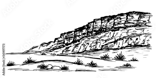 Hand-drawn ink vector drawing. Mountain landscape, desert terrain. Wildlife, travel, tourism, nature. photo