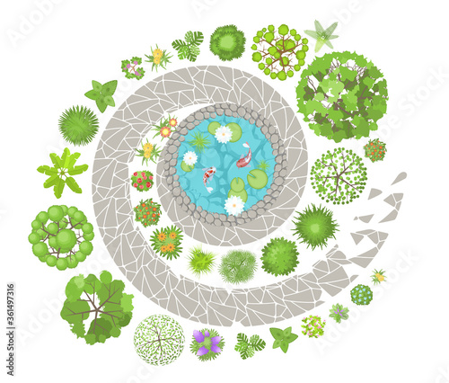 Vector illustration. Landscape design. Top view. Pond, path, trees and flowers. View from above.
