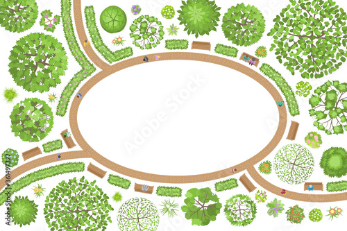 Vector illustration. Landscape design. Park. Top view. Path, benches, trees and flowers. View from above. (Space for your text)