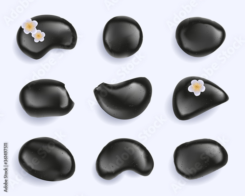 Vector set. Collection of black spa stones. Top view.