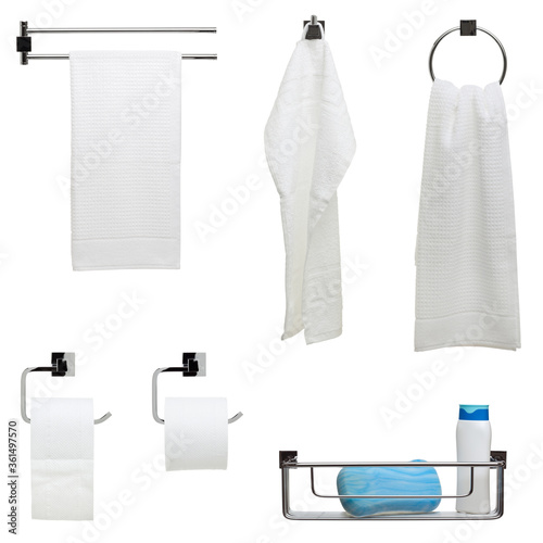 Obraz na plátně Set of six bathroom objects - towel bar, hook and ring, toilet paper dispensers,