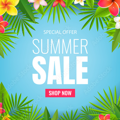 Sale Poster And Tropical Leaves And Flowers With Gradient Mesh, Vector Illustration © iadams