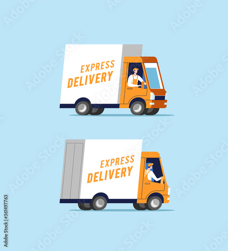 Delivery trucks with men carrying parcels. Vector illustration.