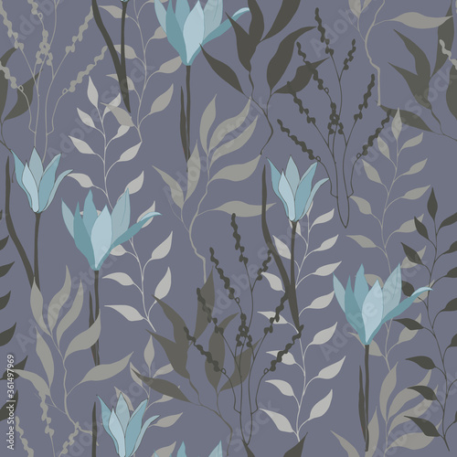 Textile floral seamless pattern. Vector texture of violet flowers on a dark background. Vintage style.