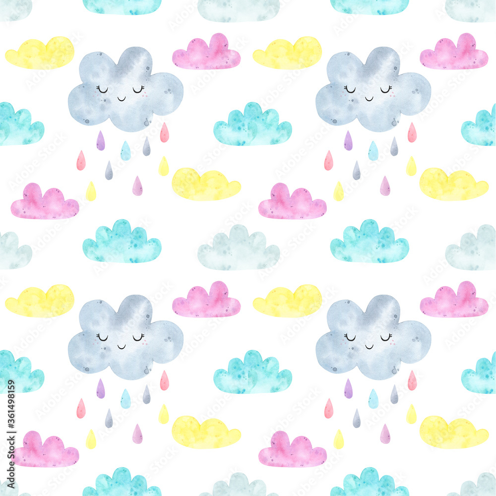 Watercolor seamless pattern cute clouds, rain, heart. Weather, sky background, colorful, pastel colors. Digital paper, for baby textile, fabric, nursery decor.  Dream big, scandinavian print