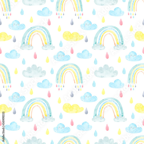 Watercolor seamless pattern cute rainbow, clouds, rain. Weather, sky background, colorful, pastel colors. Digital paper, for baby textile, fabric, nursery decor. Dream big, scandinavian print