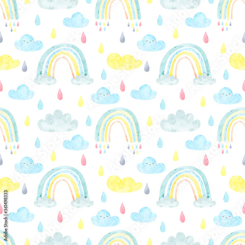Watercolor seamless pattern cute rainbow, clouds, rain. Weather, sky background, colorful, pastel colors. Digital paper, for baby textile, fabric, nursery decor.  Dream big, scandinavian print