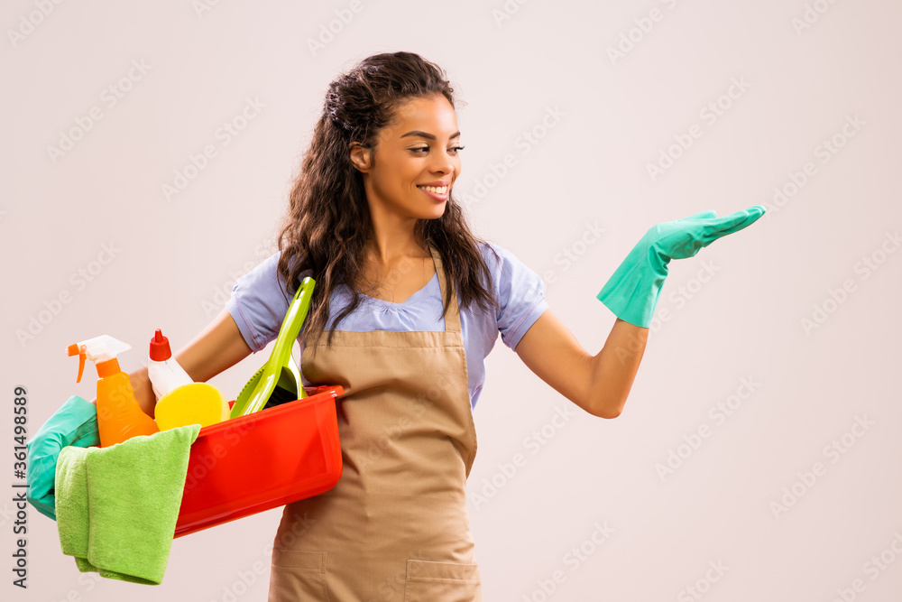 Portrait of african-american housewife who is ready for housework. Portrait of african-american housewife who is ready for housework.