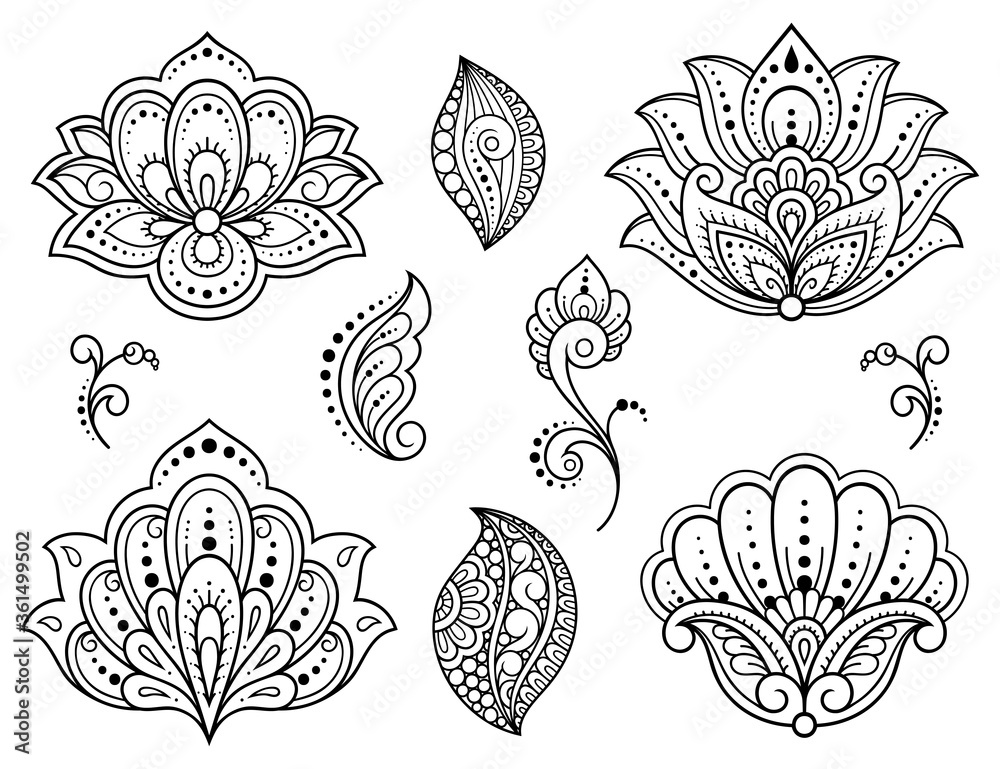 Set Of Mehndi Flower Pattern For Henna Drawing And Tattoo Decoration In  Ethnic Oriental Indian Style Stock Illustration - Download Image Now -  iStock