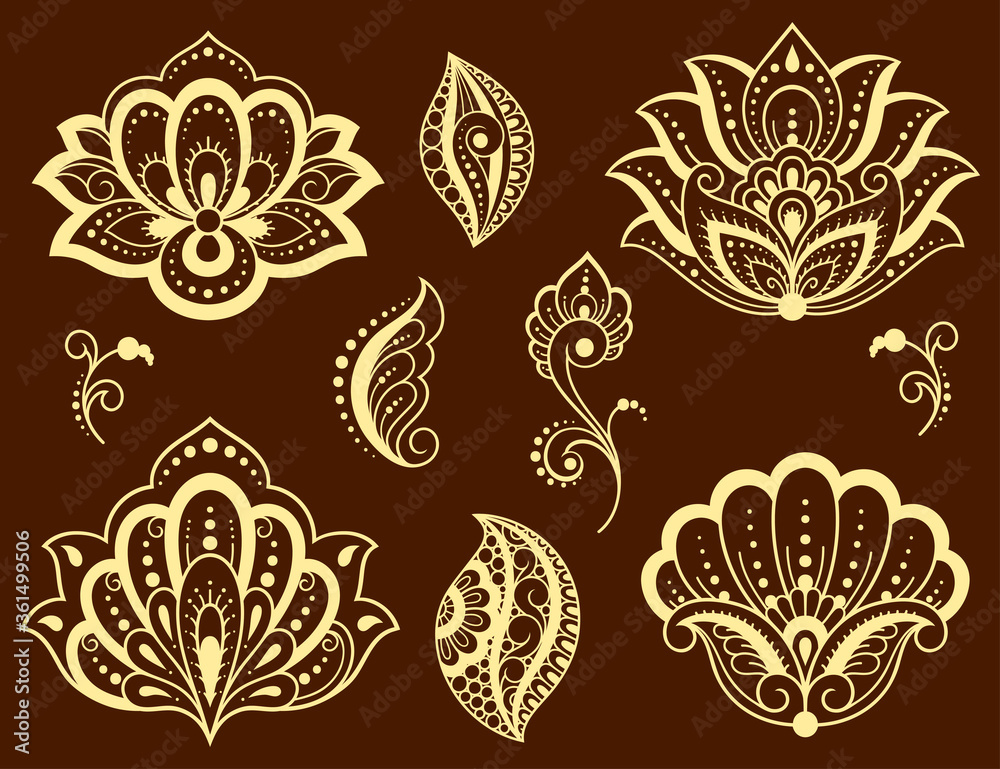 Set of Mehndi flower and lotus pattern for Henna drawing and tattoo. Decoration in ethnic oriental, Indian style. Doodle ornament. Outline hand draw vector illustration.