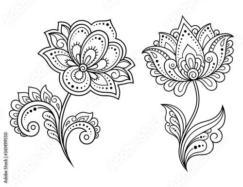 Set of Mehndi flower pattern for Henna drawing and tattoo. Decoration in ethnic oriental, Indian style. Doodle ornament. Outline hand draw vector illustration.
