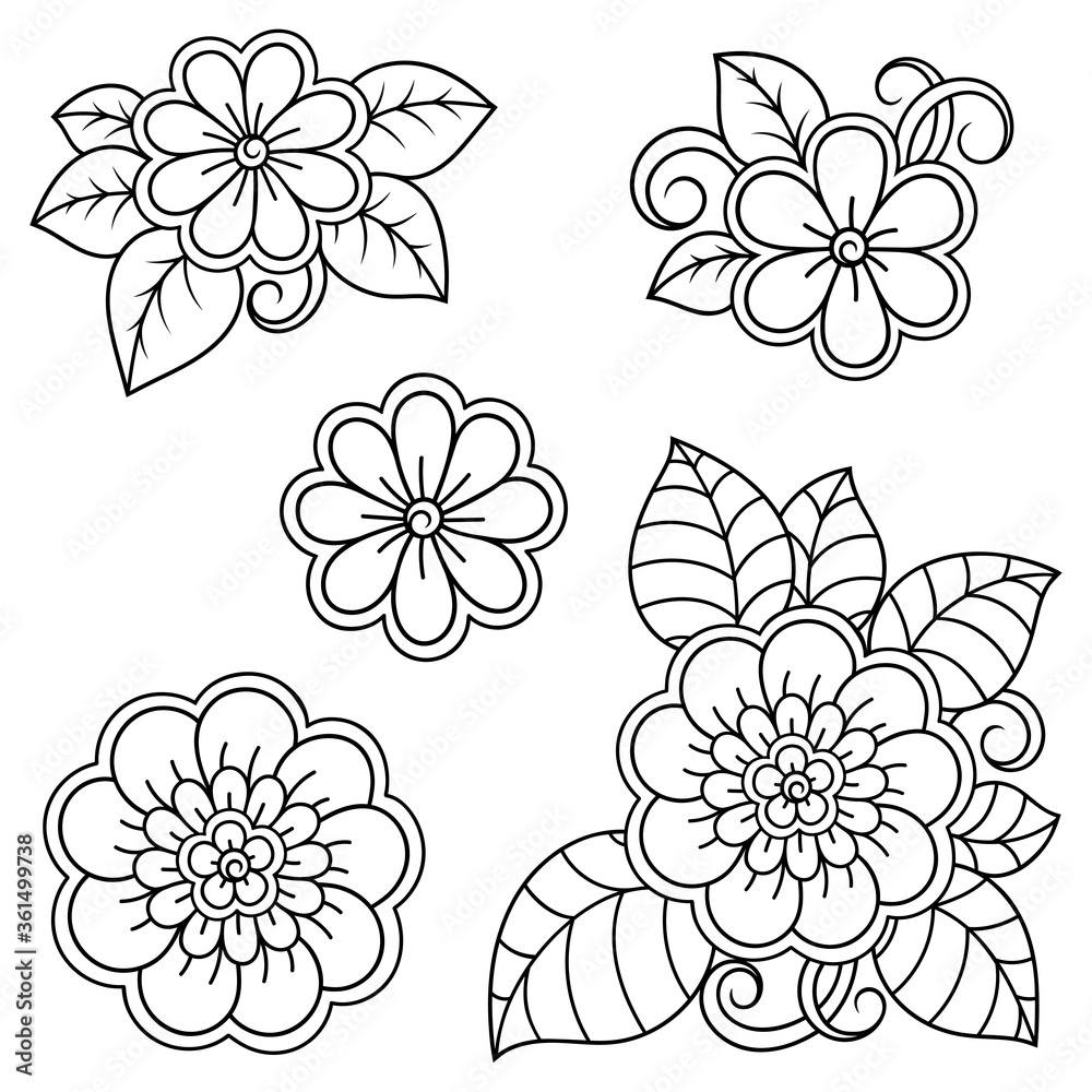 Set of Mehndi flower pattern for Henna drawing and tattoo. Decoration in ethnic oriental, Indian style. Doodle ornament. Outline hand draw vector illustration. Set of Mehndi flower pattern for Henna drawing and tattoo. Decoration in ethnic oriental, Indian style. Doodle ornament. Outline hand draw vector illustration.