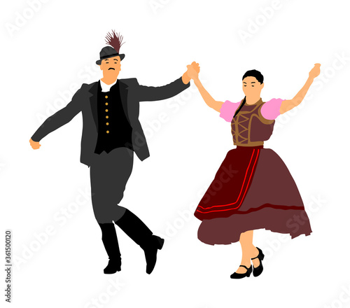 Hungarian csardas folk dancer couples in love, vector illustration. German folklore Oktoberfest actors. Austrian traditional wedding culture from East Europe. Balkan dancing. Woman and man festival. 
