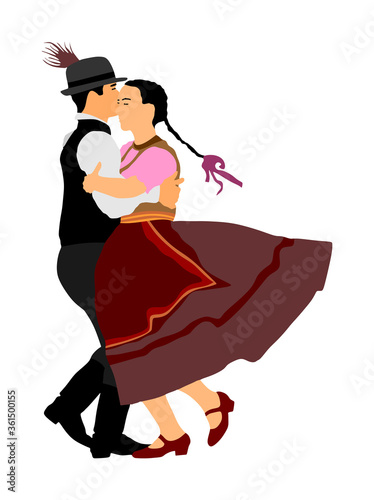 Hungarian csardas folk dancer couples in love, vector illustration. German folklore Oktoberfest actors. Austrian traditional wedding culture from East Europe. Balkan dancing. Woman and man festival. 