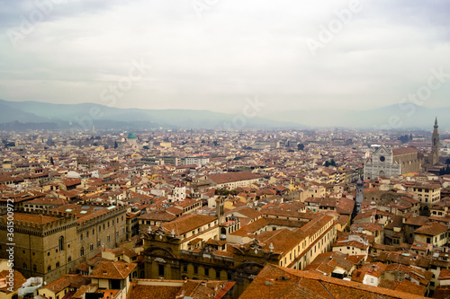 Florence, Italy. A birds eye view of the city landscape toward the church of Santa Croce shot from the Arnolfo's tower in the Palazzo Vecchio