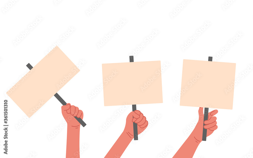 Many human hands with protest posters. Vector illustration isolated on white background. Many human hands with protest posters. Vector illustration isolated on white background.