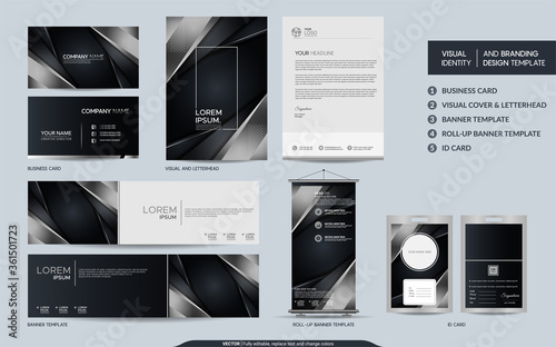 Luxury black and silver stationery mock up and visual brand identity set.