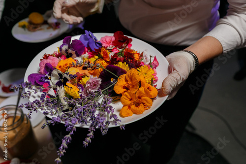 Fototapeta Naklejka Na Ścianę i Meble -  Selective focus. Closeup of the hands of a cook who is holding a plate with edible colors. Beautiful colorful food with flowers in a white background. The concept of eco-friendly nutrition