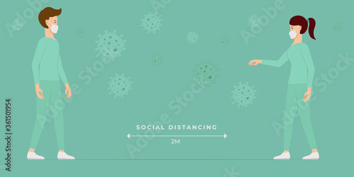 Man and woman character wearing surgical or medical face mask maintain social distancing to prevent from virus spreading and flu prevention. coronavirus, social isolation and self quarantine concept.