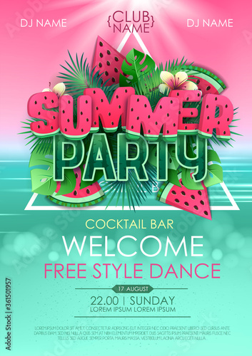 Summer disco party poster with watermelon and tropic leaves. Vector illustration