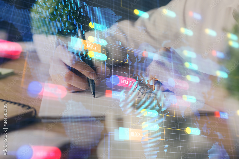 Fototapeta premium Double exposure of woman's hands on background with technology and digital coding icons. Data development concept. Close up.